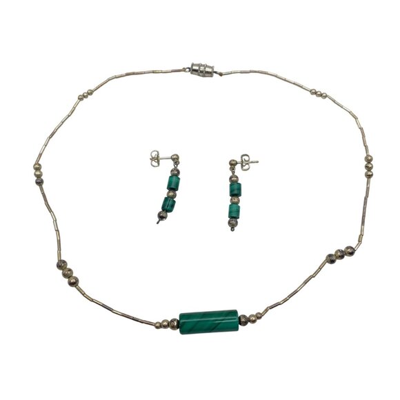 Sterling Liquid Silver Malachite Bead Necklace Dangle Earrings Set Vintage 15" - Picture 2 of 7